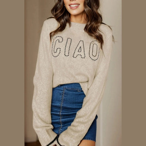 'Luna' Printed "CIAO" Dropped Shoulder Sweater - Celes Fashion